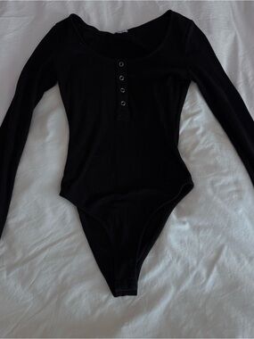 Black Long-Sleeve Henley One-Piece Bodysuit